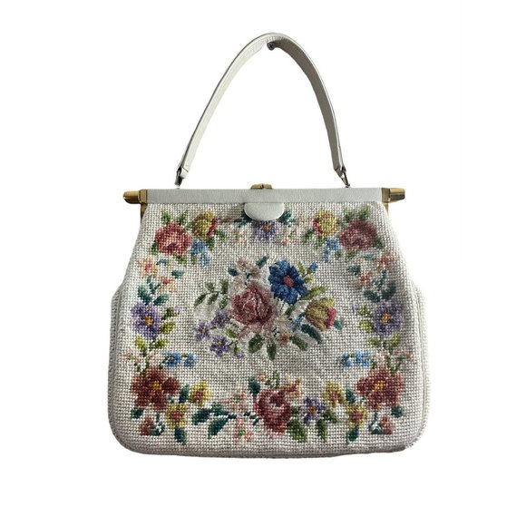 Medium Size Floral Petit Point Women Handbag - Picture 2 of 16